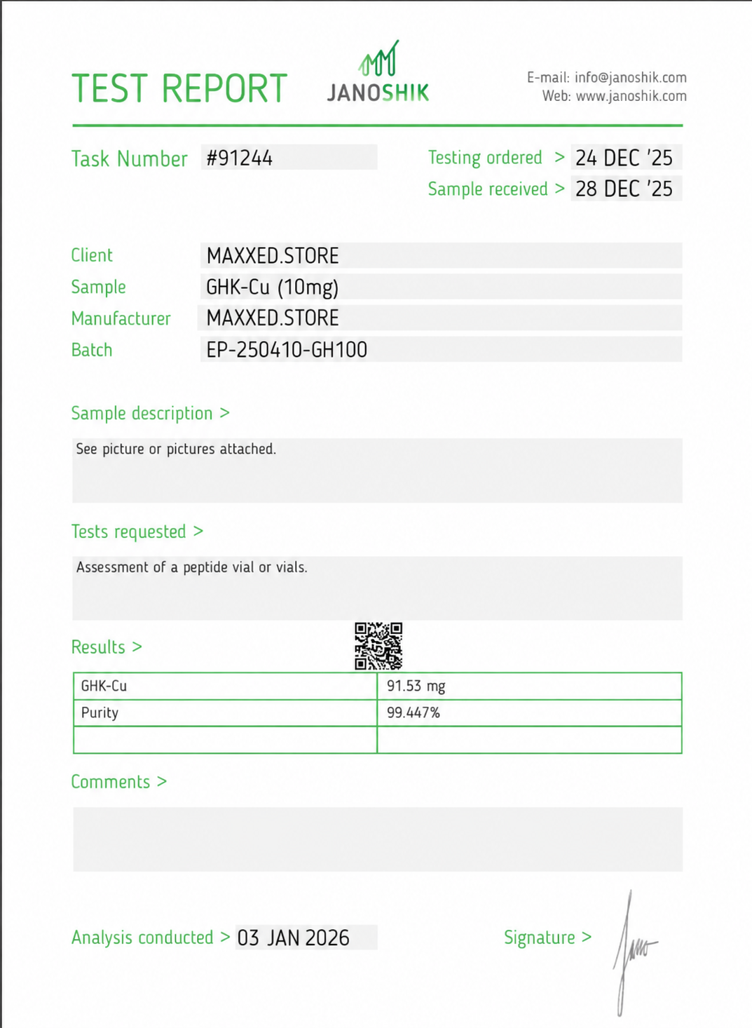 Janoshik test report — MAXXED.STORE GHK-Cu 99.447% purity